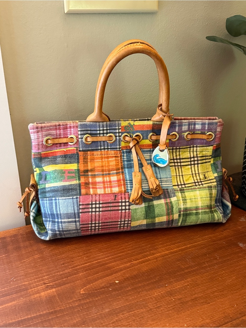 Vintage Dooney & Bourke USA Patchwork Plaid Canvas Leather Tassel Tote